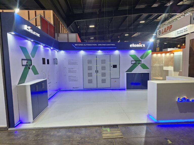 Modern LS Electric Elonics custom exhibition stand with blue LED neon at Electra-Mining Expo 2026